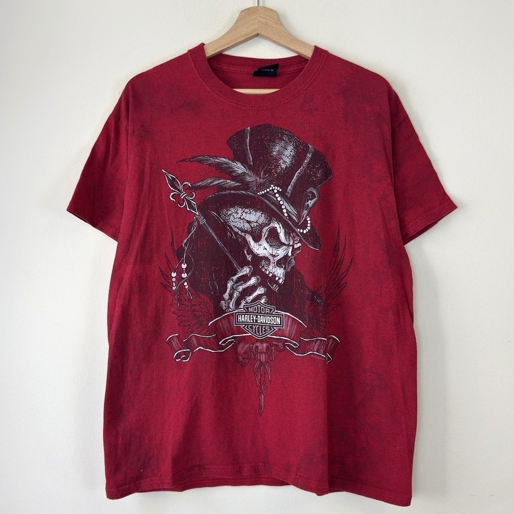 Vintage Y2k Harley Davidson Motorcycle Bourbon Street Skull Red Tee Shirt Large